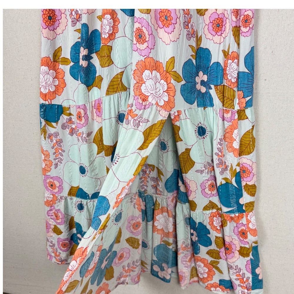 Floral Smocked Tiered Maxi Dress Blue Pink Orange Size M Cottage Core Fairy - Picture 6 of 10